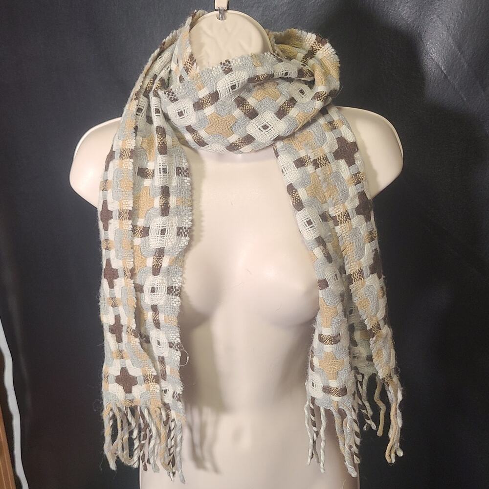 Vintage italian woven 90s gray white brown tan plaid knit fringe scarf